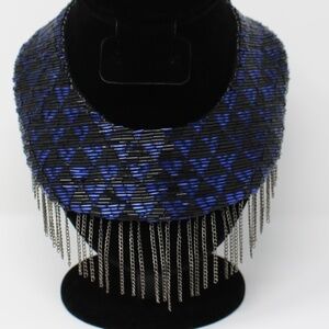 Fiona‎ Paxton Beaded Collar with Chain Royal Blue and Black Geometric Pattern